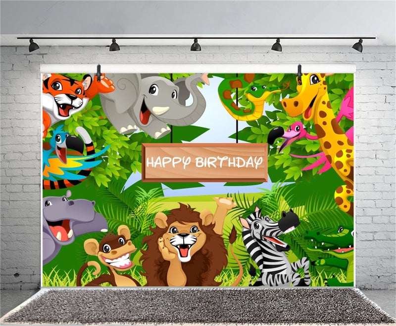 AOFOTO 7x5ft Cartoon Safari Park Animals Backdrop Kids Happy Birthday Party Decorations Fauna Jungle Forest Wildlife Elephant Photography Background Baby Zoo Theme Boy 1st Bday Photo Studio Prop Vinyl - Image 3